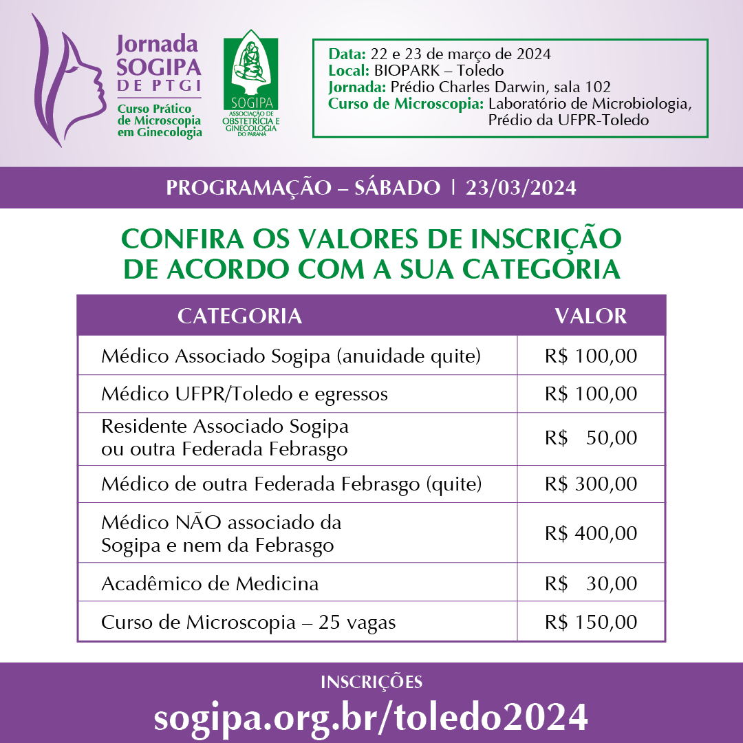 Valores de inscrições para a Jornada Sogipa de PTGI e o Curso Prático